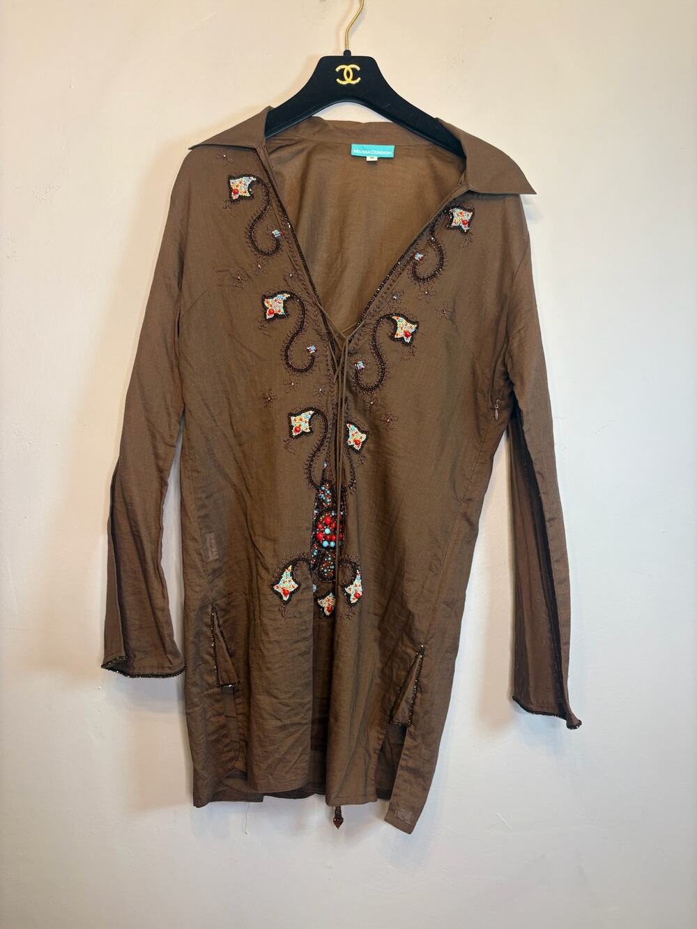 Melissa Odabash Brown Knit Tunic Top Long Sleeve Tassel Tie Cover Up M